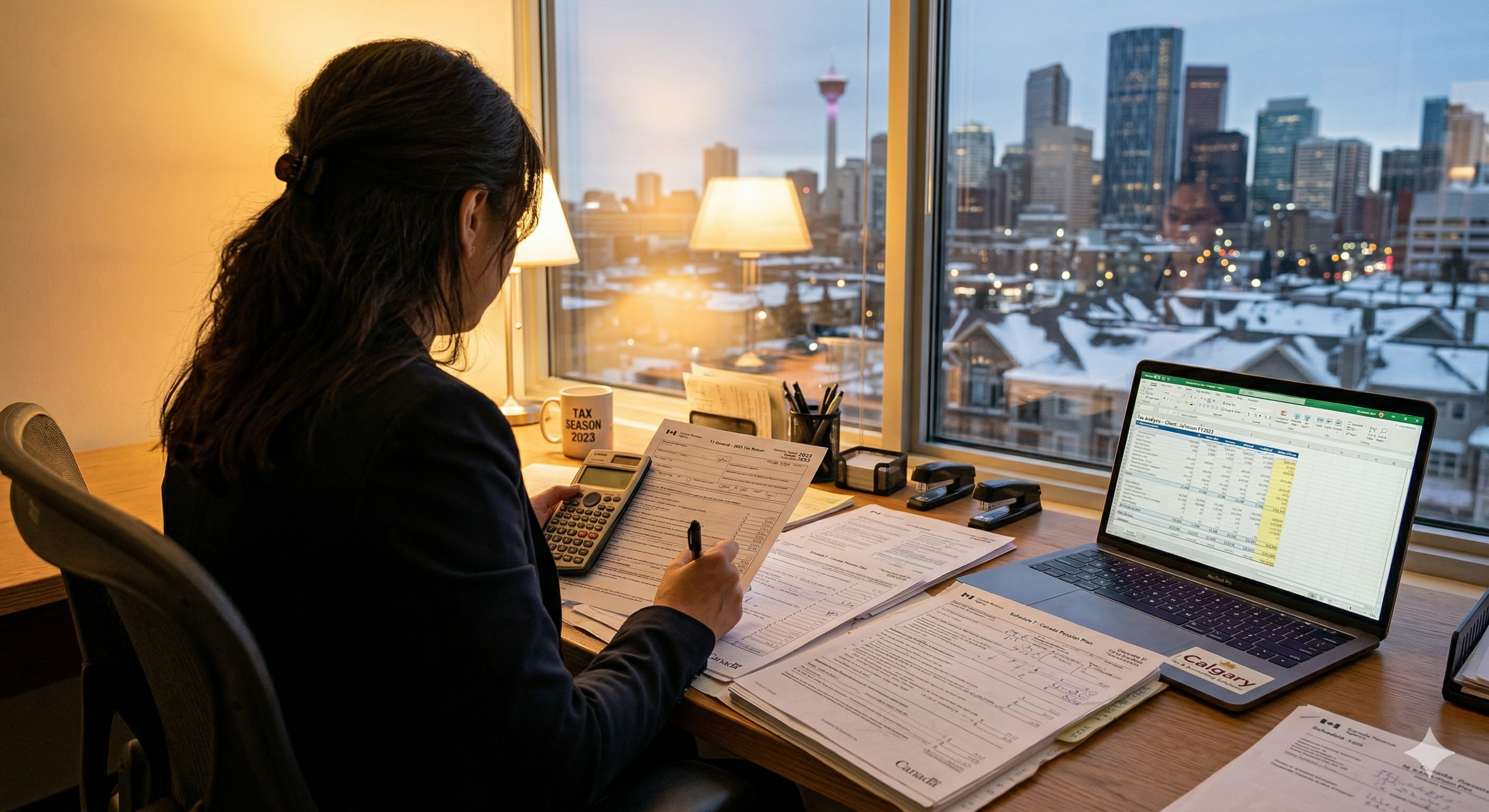 Calgary professional reviewing T1 tax forms at desk with city skyline at dusk