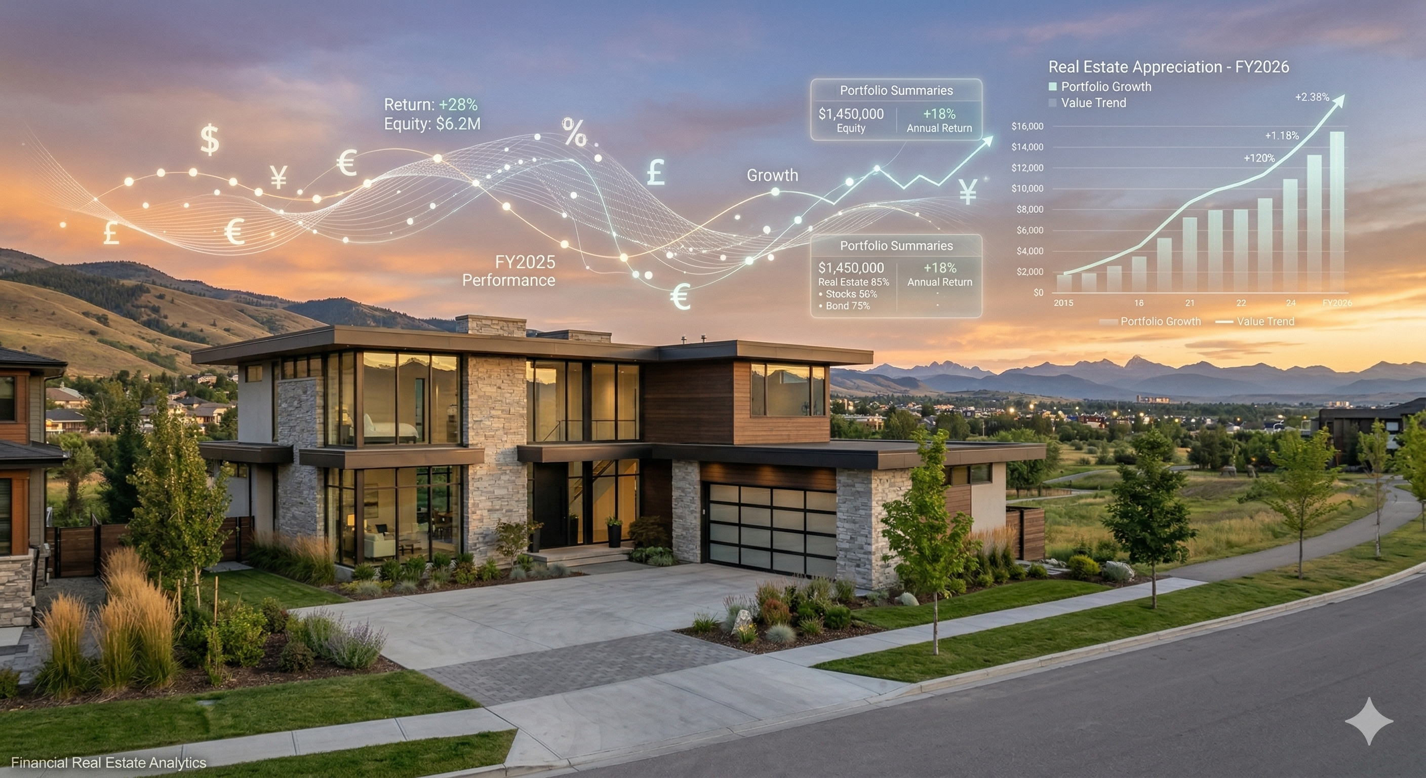 Calgary real estate investor property with portfolio analytics overlay showing appreciation and returns