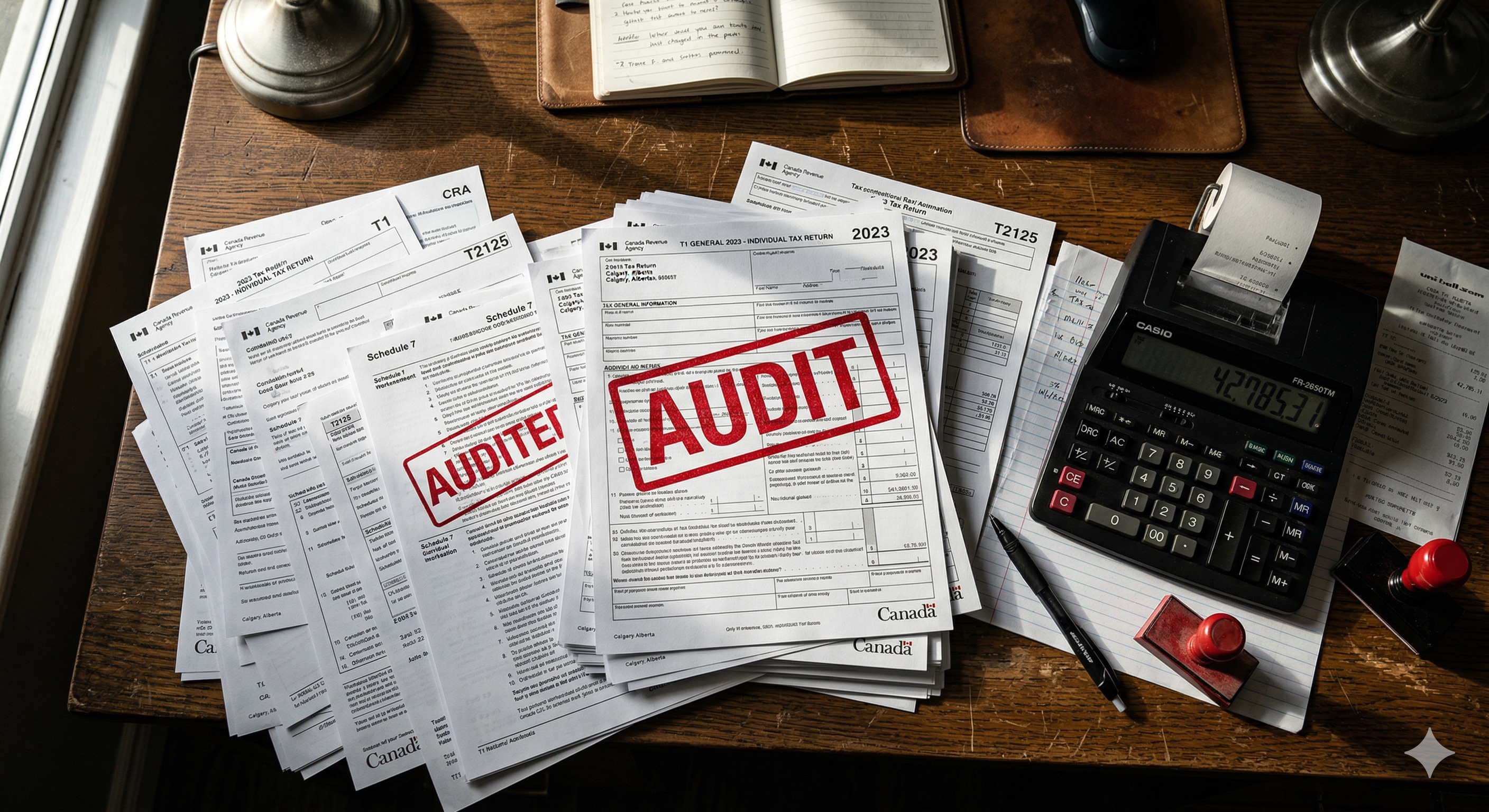 CRA T1 and T2125 tax forms stamped AUDIT with calculator — what happens when CRA selects your file